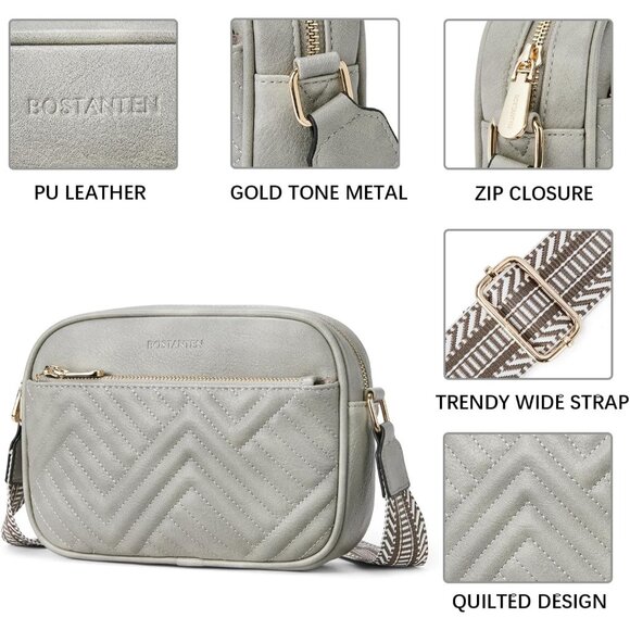 Bostanten Women Grey PU leather Small Quilted Crossbody Bags With Wide Strap - Picture 4 of 7